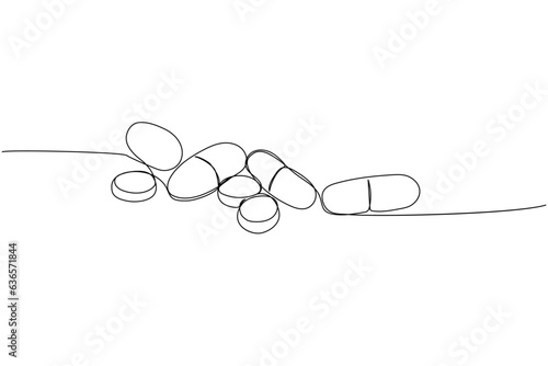Pill, tablet, drug, pharmacy, capsule, antibiotic, aspirin, herbal, medicine one line art. Continuous line drawing of treatment, medication, medical, pharmacy, therapy, allergy