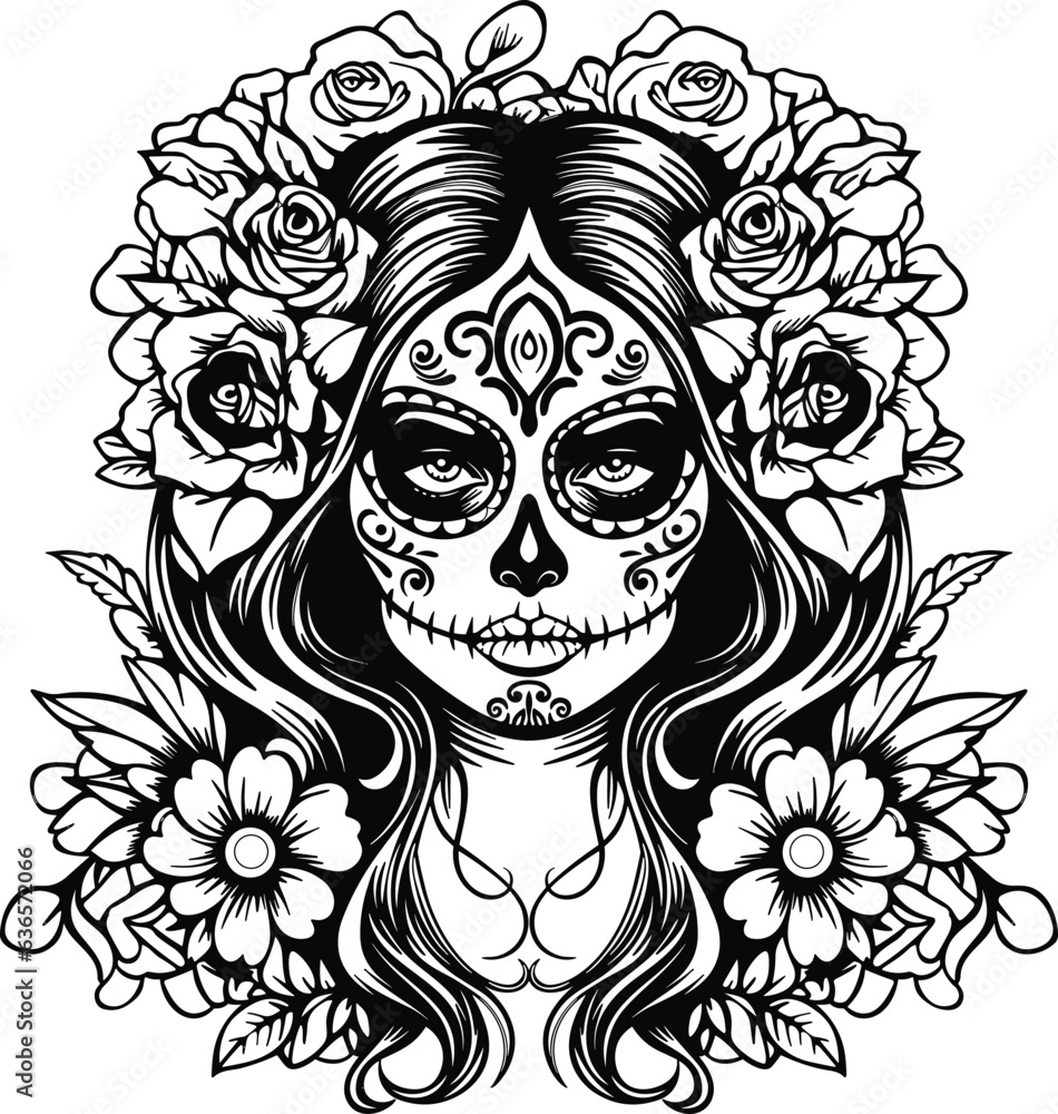 Day of dead girl black and white illustration Day of dead girl black and white illustration