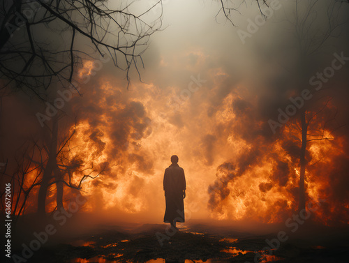 trees burning and a man walking in it, climate change,cinematic shot, 