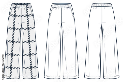 Wide leg Pants fashion flat technical drawing template, plaid design. Sweat Pants technical fashion illustration, pocket, front and back view, white, black color, women, men, unisex CAD mockup set.
