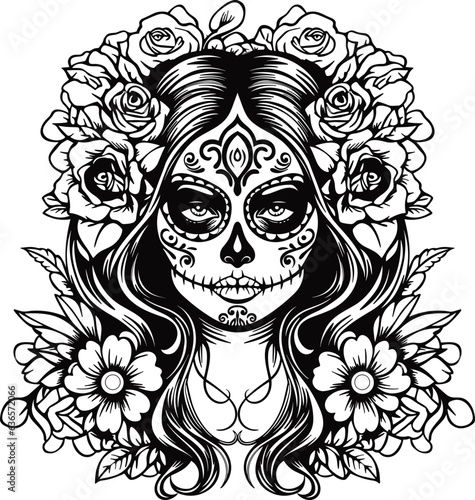 Day of dead girl black and white illustration