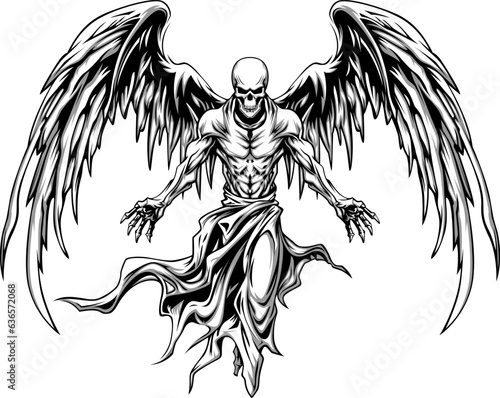 Dark demon with fiery wings on white background
