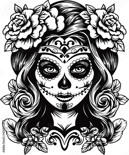 Day of dead sexy girl with roses isolated on white background