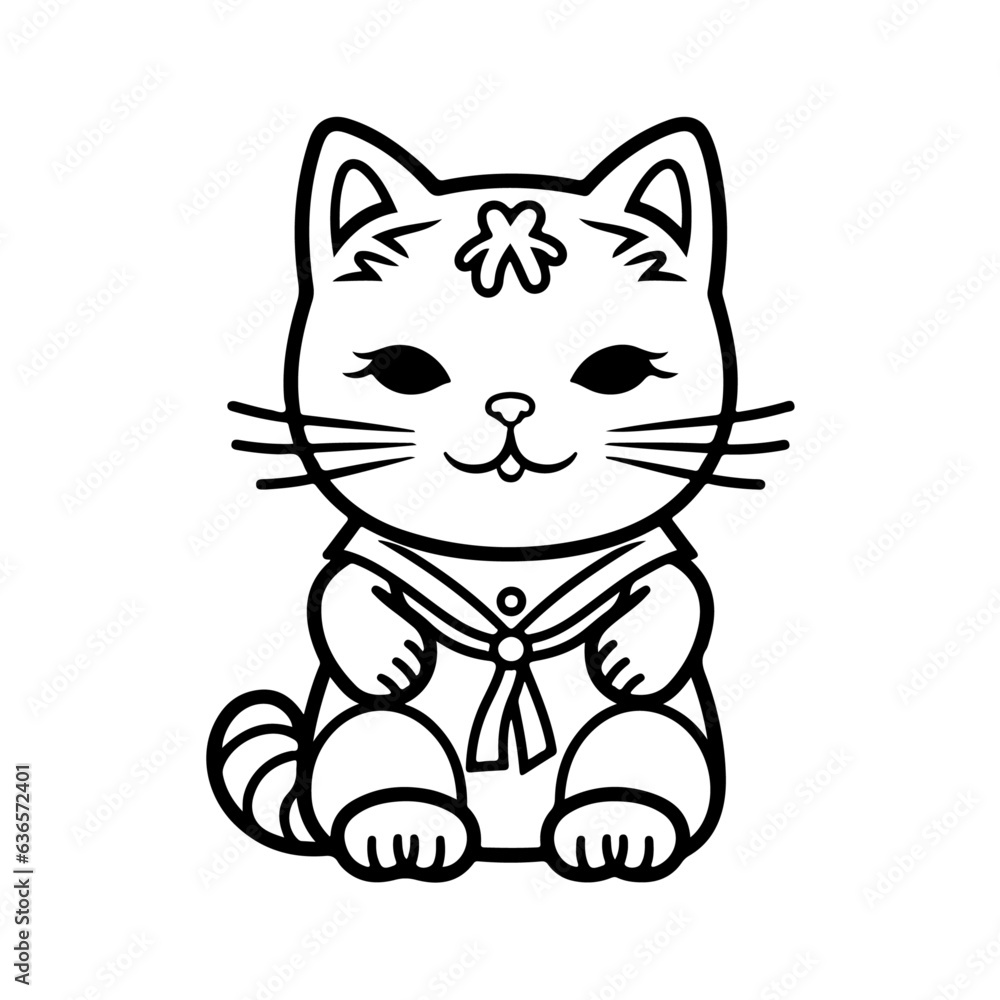 Vector illustration isolated on white kawaii asian cat. Neko with one hand up. Lucky cat Maneki Neko Outline Icon coloring book black line Vector illustration isolated on white kawaii asian cat. Neko with one hand up. Lucky cat Maneki Neko Outline Icon coloring book black line