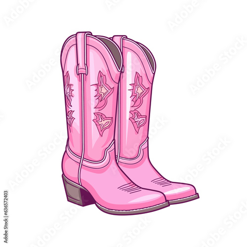 Female pink cowboy boots isolated illustration Cowboy girl wears boots. Wild west theme. Vector Western cowboy illustration for party poster, banner or invitation. Girl power, glamour style cowgirl photo