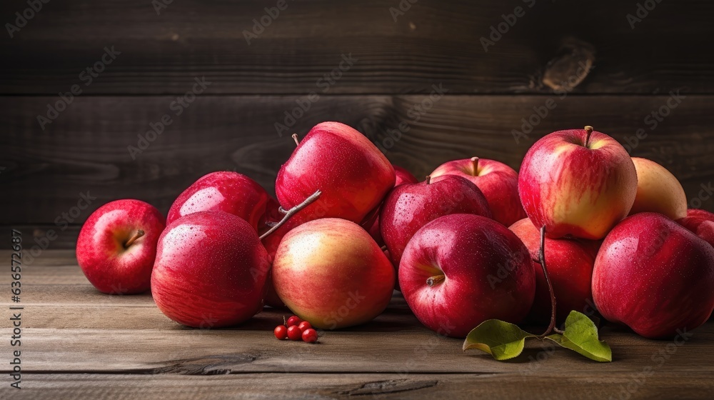 Red ripe apples lie on a wooden table created with Generative AI technology Red ripe apples lie on a wooden table created with Generative AI technology