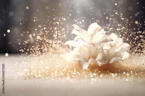 Beautiful flower on bokeh background with copy space.   bstract background with bokeh defocused lights. Glittering lights background. 3D rendering 