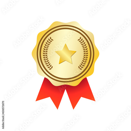Vector gold badge award with ribbons icon shiny metal reward symbol flat vector illustration isolated