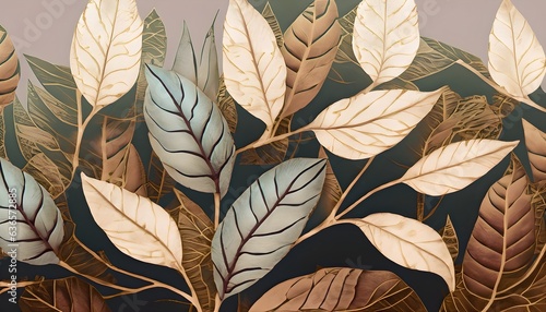Wallpaper opulent luxury pattern featuring intricate leaf motifs. The composition incorporates metallic accents and shading to enhance the sense of luxury. Generate AI