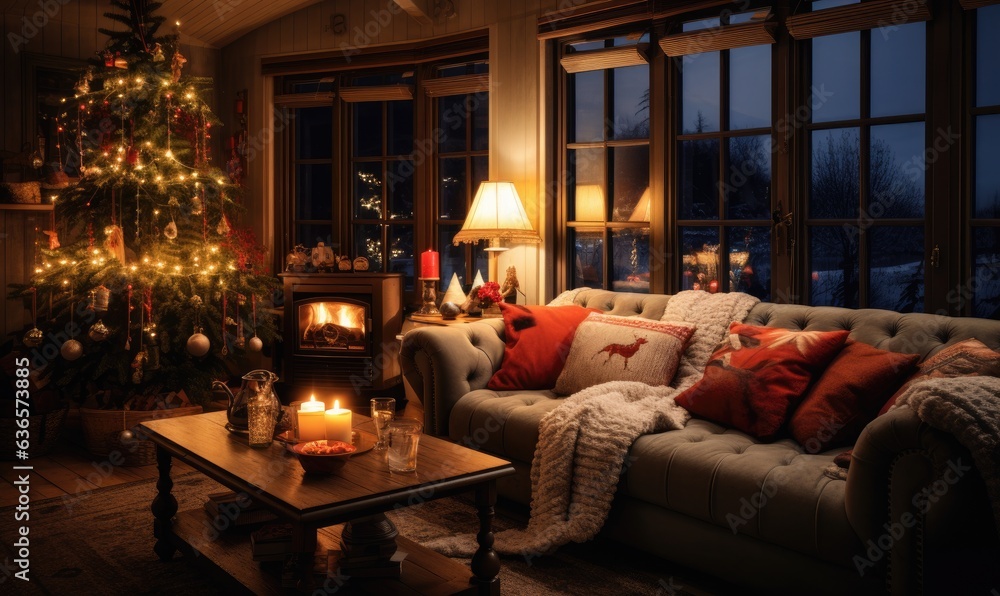 Photo of a cozy living room decorated for Christmas with a beautifully lit Christmas tree and comfortable furniture