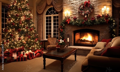 Photo of a cozy living room decorated for Christmas with a beautiful tree and furniture