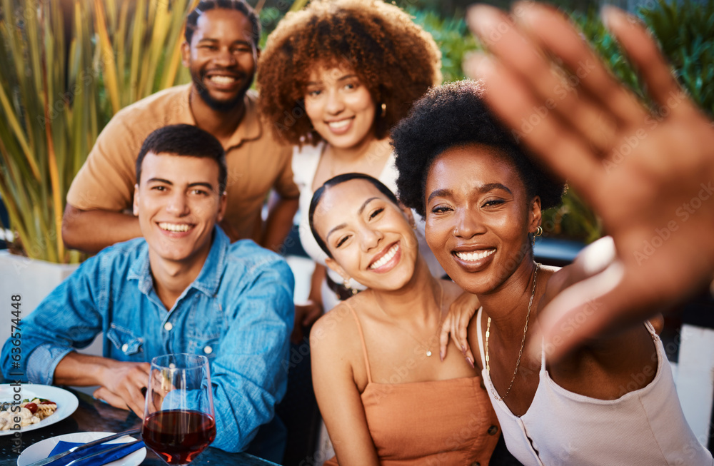 Obraz premium Smile, portrait and selfie of friends at restaurant, bonding and happy memory together. Face, group and profile picture at cafe in celebration of party, fine dining and eating food on social media