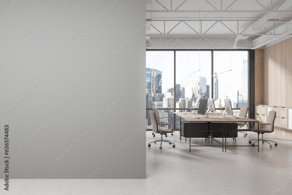 Cozy office room interior with pc computer on table in row, mock up wall Cozy office room interior with pc computer on table in row, mock up wall