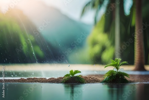 Raining outside of the house with blurred palm trees in the background