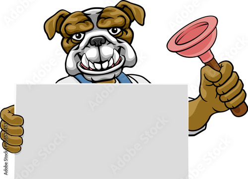 A bulldog plumber handyman plumbing construction cartoon mascot man holding a drain plunger tool.