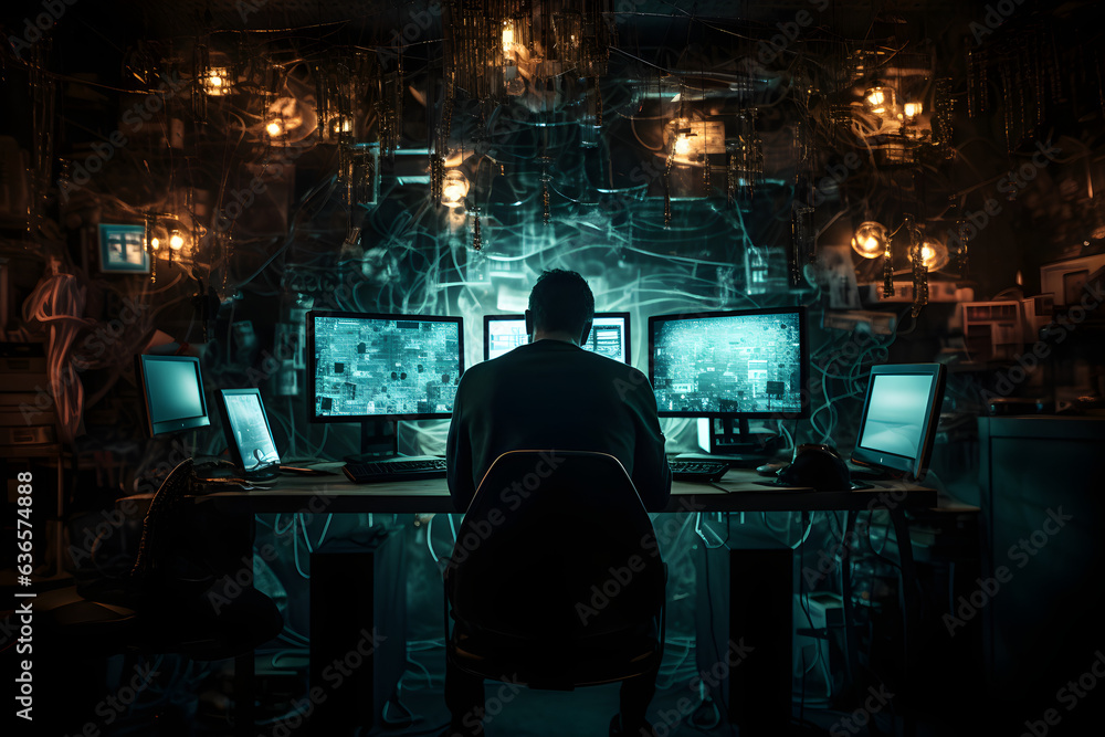 Hacker sitting in front of monitors, illustration for cybercrime and cyberattack Hacker sitting in front of monitors, illustration for cybercrime and cyberattack