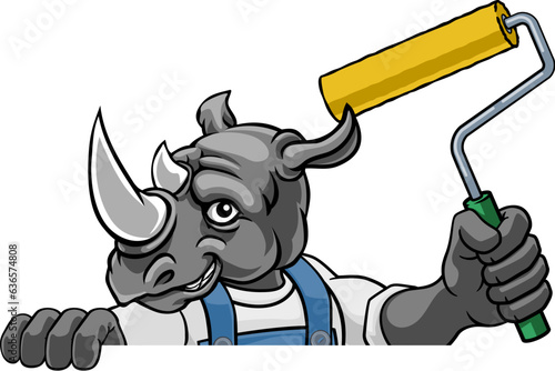A rhino painter decorator handyman cartoon construction man mascot character holding a paint roller tool