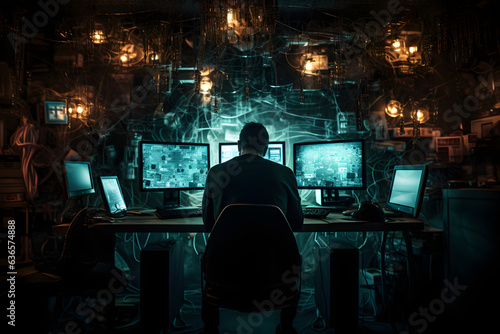 Hacker sitting in front of monitors, illustration for cybercrime and cyberattack