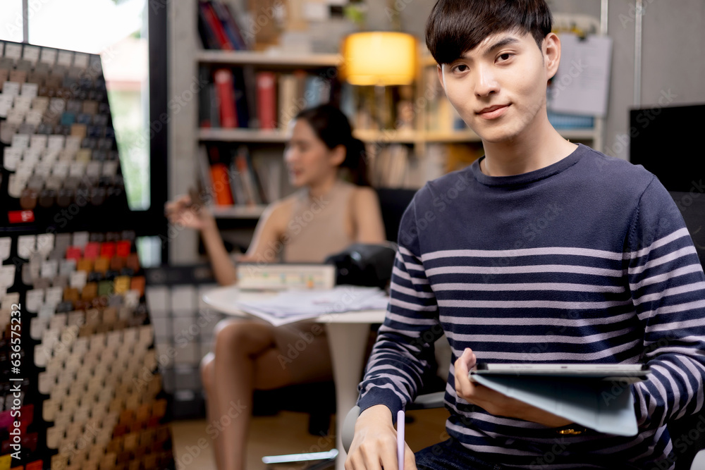 Portrait of successful executive asian businessman smart casual wear looking at camera and smile with digital table in modern office workplace. Portrait of successful executive asian businessman smart casual wear looking at camera and smile with digital table in modern office workplace.