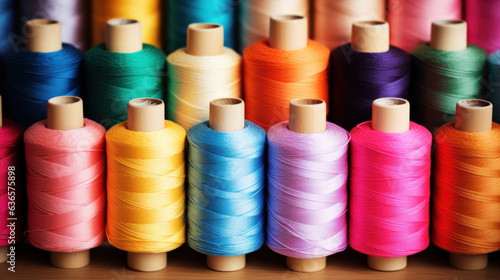 Spool of sewing thread, isolated on white background. Colored yarns used by factories in the clothing industry. Threads wound on the spool. Colored reels