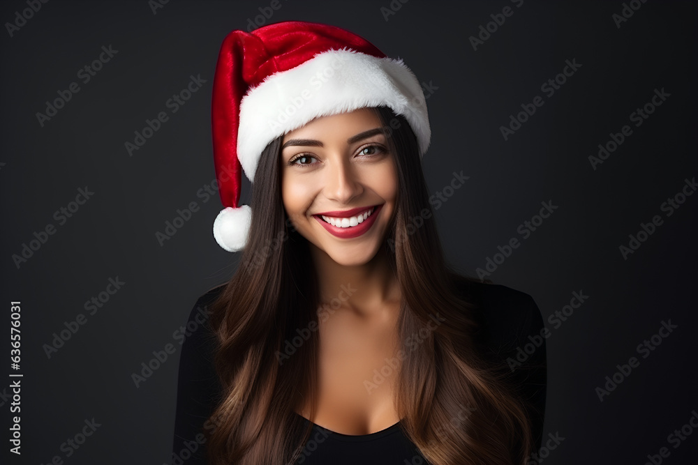 Beautiful Christmas Woman Female on Black Background, Caucasian with Brown Hair and Hazel Brown eyes, Red Lips, Black Shirt, Portrait Beautiful Christmas Woman Female on Black Background, Caucasian with Brown Hair and Hazel Brown eyes, Red Lips, Black Shirt, Portrait