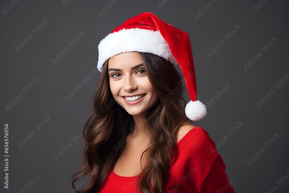 Beautiful Christmas Woman Female on Black Background, Caucasian with Brown Hair and Hazel Brown eyes, Nude Lips, Red Shirt, Portrait Beautiful Christmas Woman Female on Black Background, Caucasian with Brown Hair and Hazel Brown eyes, Nude Lips, Red Shirt, Portrait