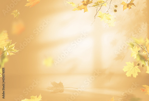 Fall scene in cream color shades. Autumn background with shadow of maple tree leaves on a wall.