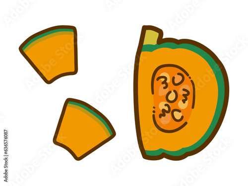 画線のあるカボチャのイラスト、切った野菜のイラストセット