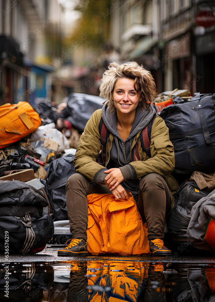 Garbage city, young woman stranded on a mountain full of bags, visit the dirtiest cities in Europe. Find photo opportunities and capture the best moments, generative ai Garbage city, young woman stranded on a mountain full of bags, visit the dirtiest cities in Europe. Find photo opportunities and capture the best moments, generative ai