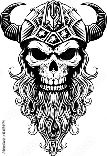 A Viking skull skeleton warrior or barbarian gladiator man mascot face looking strong wearing a helmet. In a retro vintage woodcut style.