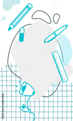 Banner with a eraser, ruler, pencil, pen, desk lamp in blue colors