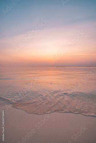 Peaceful tranquil sunset beach closeup. Abstract beach inspire motivation colorful sky calm waves horizon. Sea bay clouds. Idyllic summer seaside landscape. Mediterranean tropical relaxation coast