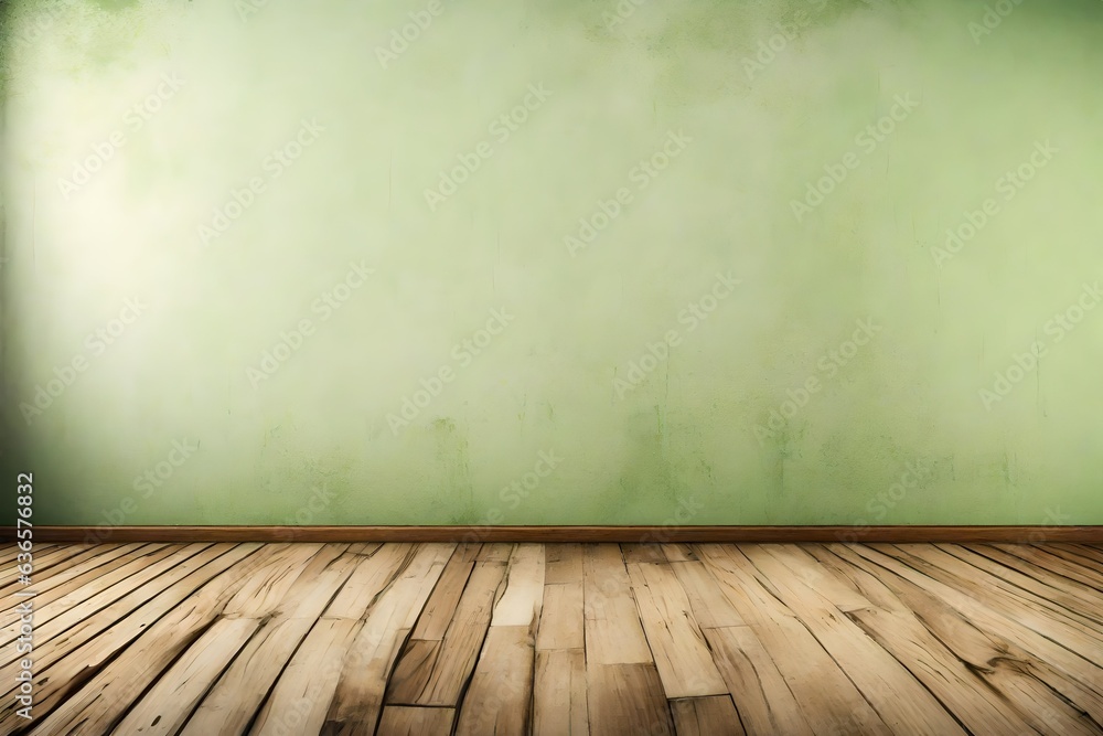 Empty room with grunge light green wall and wooden floor.