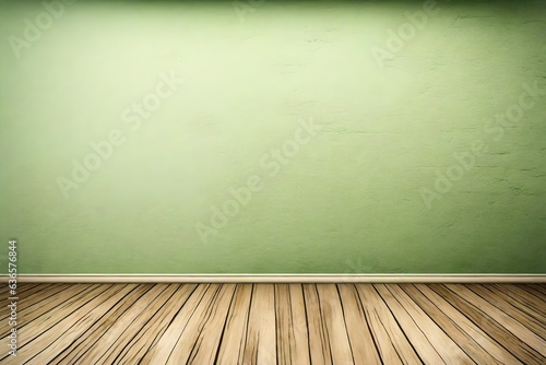 Empty room with grunge light green wall and wooden floor.