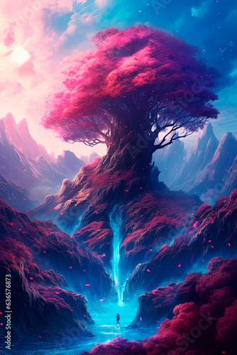 A fantasy landscape with flowering trees and mountains. Generative AI