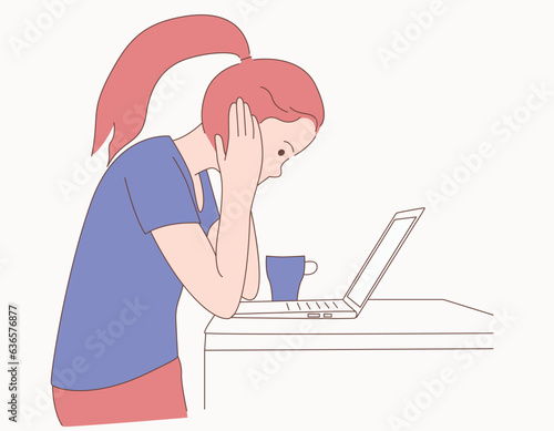  Woman Contemplating while Using Laptop Illustration