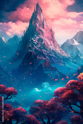 A fantasy landscape with flowering trees and mountains. Generative AI © Oleksandr