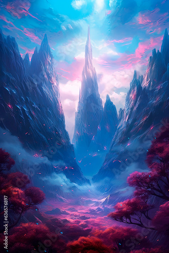 A fantasy landscape with flowering trees and mountains. Generative AI