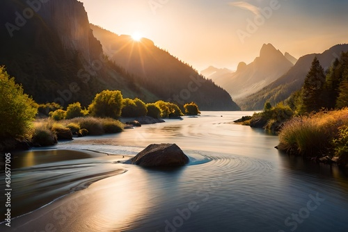 An image of a vibrant sunset over a serene lake, with colorful reflections shimmering on the water, sunset in the mountains