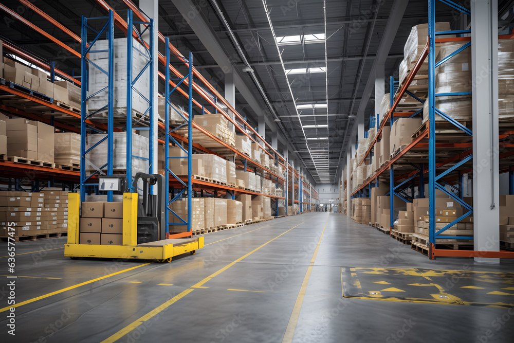 Warehouse with cardboard boxes inside on pallets racks, logistic center. Huge, large modern warehouse. Warehouse filled with cardboard boxes on shelves, boxes stand on pallets