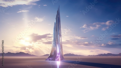 Explore the juxtaposition of a sleek silver rocket, standing tall against the endless desert horizon. An artistic representation that blends futuristic innovation with timeless nature.