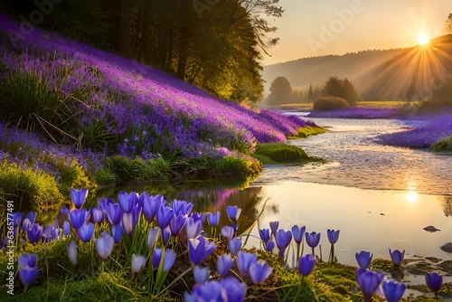 Spring flowers of blue crocuses bloom on stream banks with water droplets on petals after rain