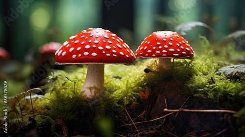 Fly agaric mushrooms growing on forest floor created with Generative AI technology