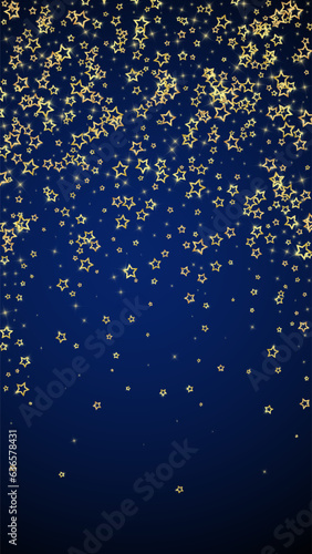 Gold sparkling star confetti. Chaotic dreamy childish overlay template. Festive stars vector illustration on dark blue background.