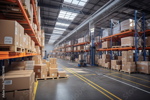 Warehouse with cardboard boxes inside on pallets racks, logistic center. Huge, large modern warehouse. Warehouse filled with cardboard boxes on shelves, boxes stand on pallets