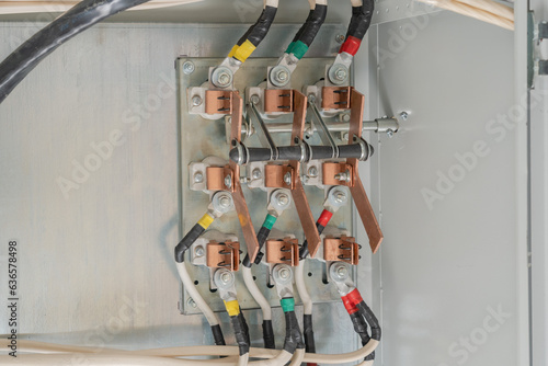 Power and distribution electricity of electric control panel enclosure. Electrical voltage.