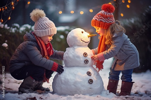children make snowmen in the yard at christmas © Jorge Ferreiro
