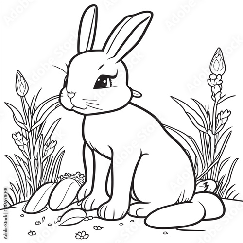 pretty rabbit collecting carrots from the field coloring page, vector illustration line art