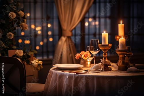 Romantic dinner place setting with plates and cutlery on table. Elegant table setting with beautyful flowers  candles and wine glasses in restaurant.