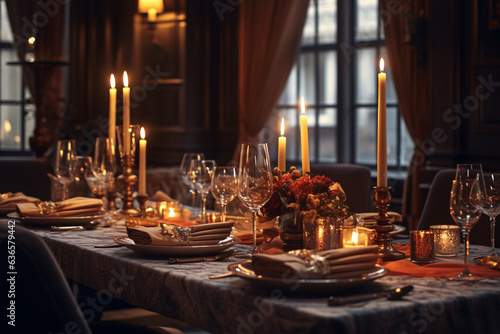 Elegant table setting with beautyful flowers  candles and wine glasses in restaurant. Selective focus. 